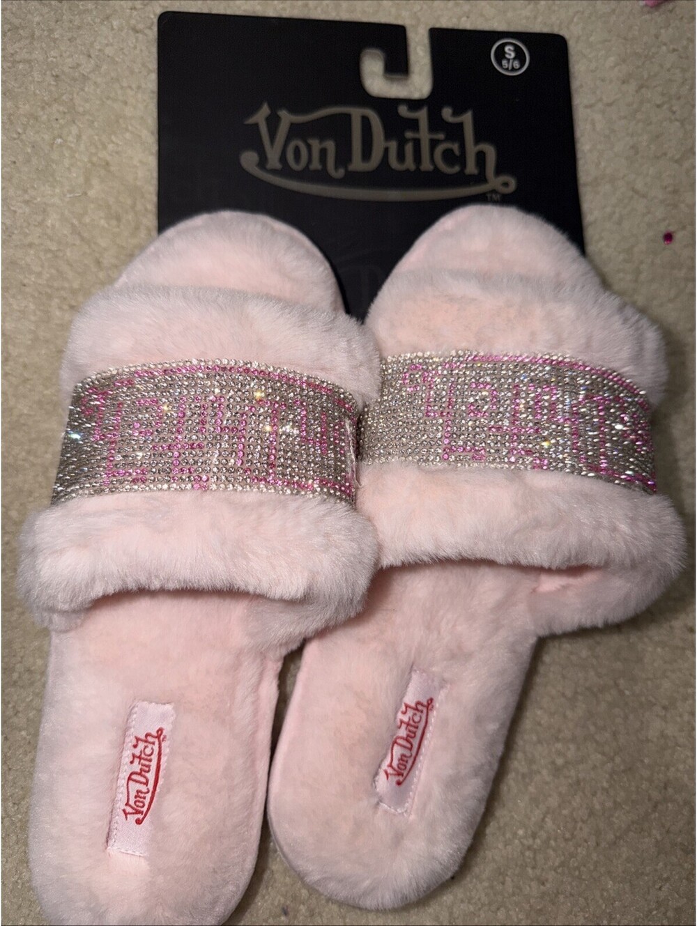 Von Dutch Pink bling Faux Fur Slippers. Womens 5/6